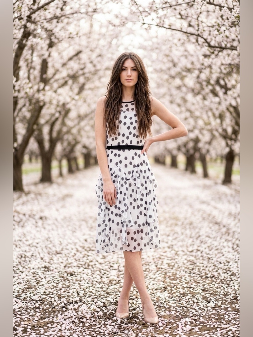 Robbie Bee Black and White Polka Dot Sleeveless Midi Dress - Picture 3 of 9